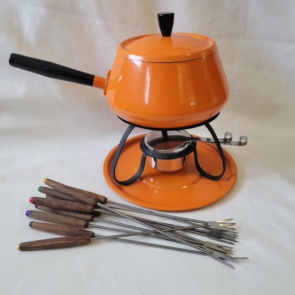 Vintage Fondue Set Kitchen Vintage Orange Enamel Fondue Set With
